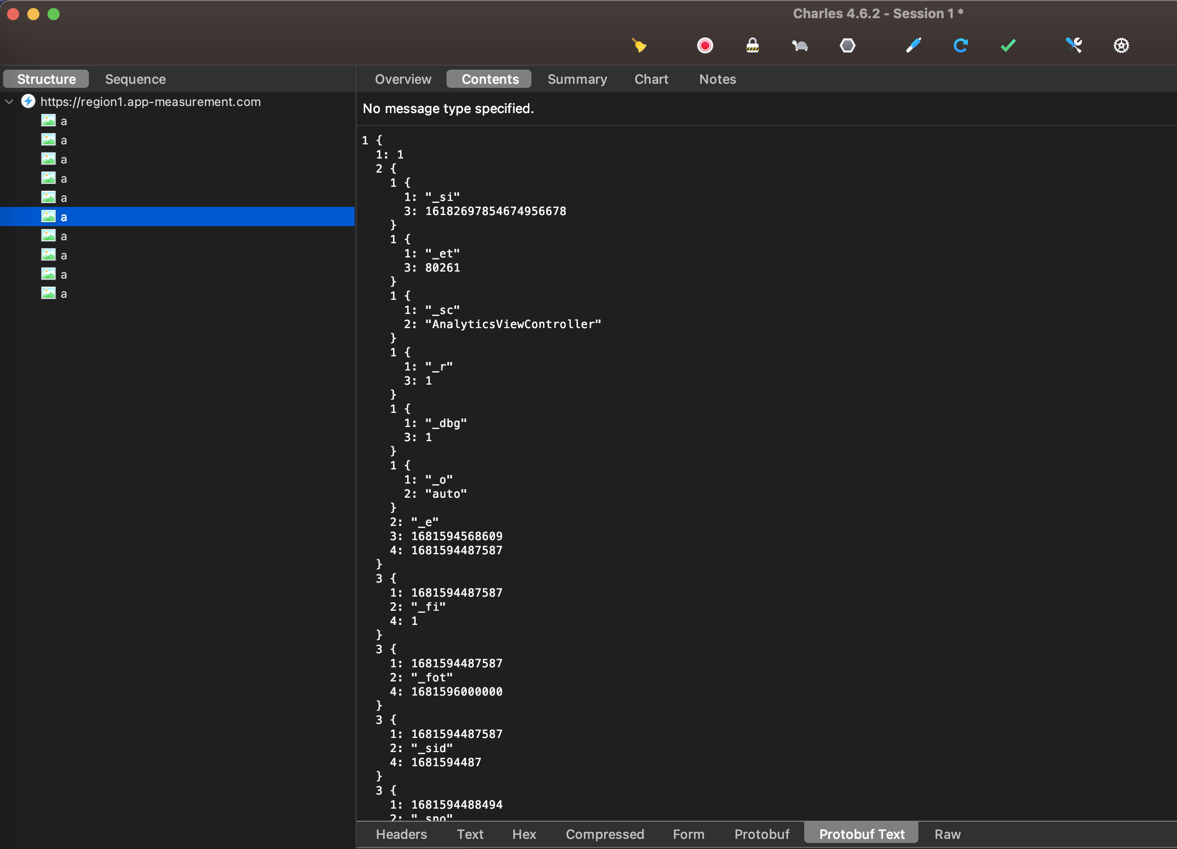 GA4 data sent to app-measurement.com app-analytics-services.com in Protobuf (raw) format